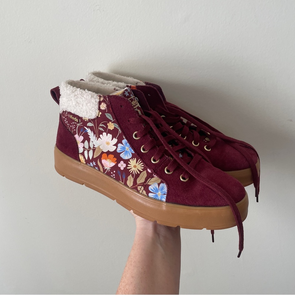 Keds Rifle Paper Company Spade Tahoe High Top Floral Burgundy Sneaker Sherpa 8.5